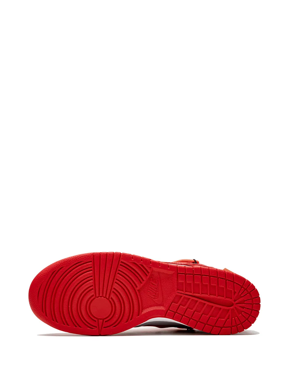 Red rubber outsole and side profile of low-top sneaker, textured tread, white midsole.