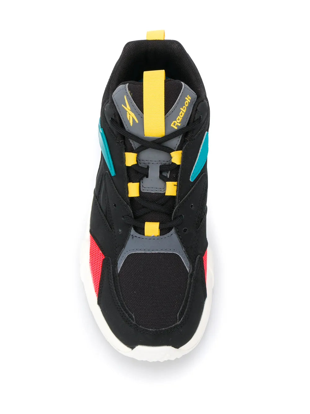 Black sneaker with yellow heel pull tab, gray toe panel, teal stripe, red side accent