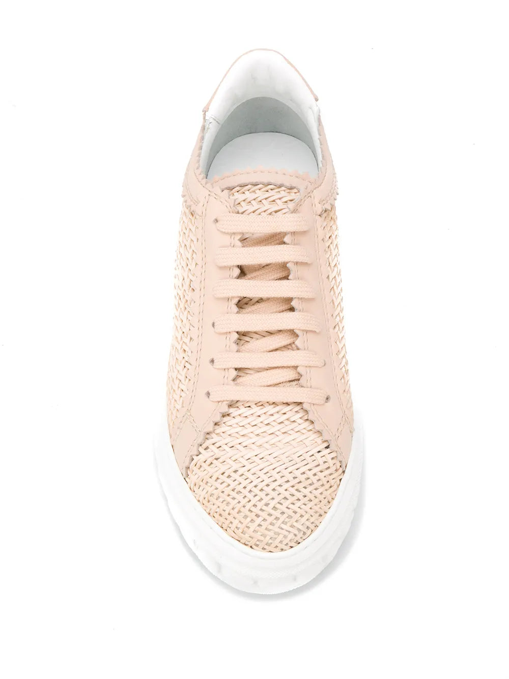 Woven low-top sneaker front view with light-beige lace-up upper and cushioned white sole