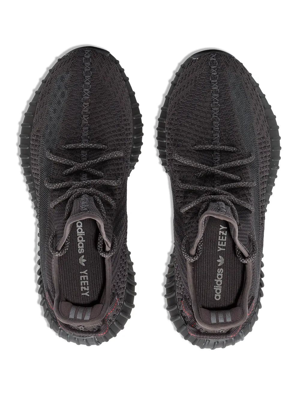 Black Yeezy Boost 350 V2 sneaker pair, top view with lace-up knit tongue