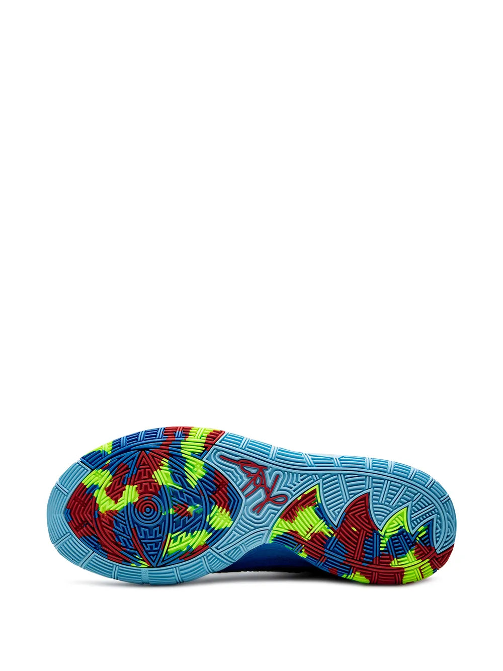 Blue rubber outsole with neon green and red graphic tread pattern