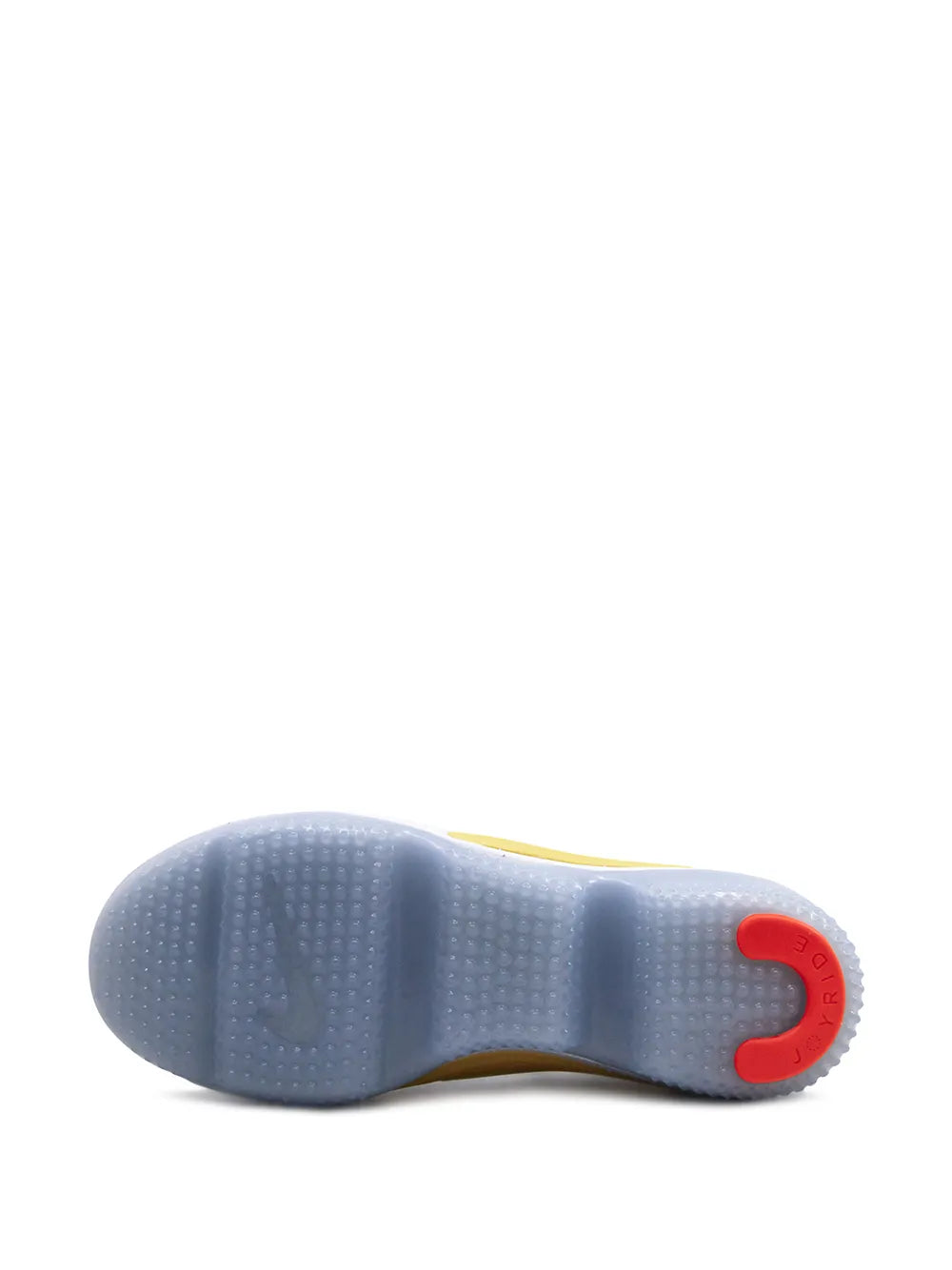 Blue textured sneaker outsole with red heel pad and yellow trim