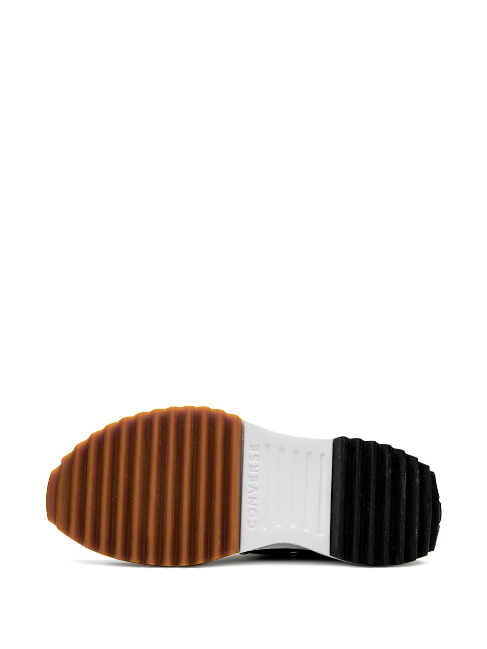 Rubber outsole for black high-top Converse sneaker with brown and black traction pods