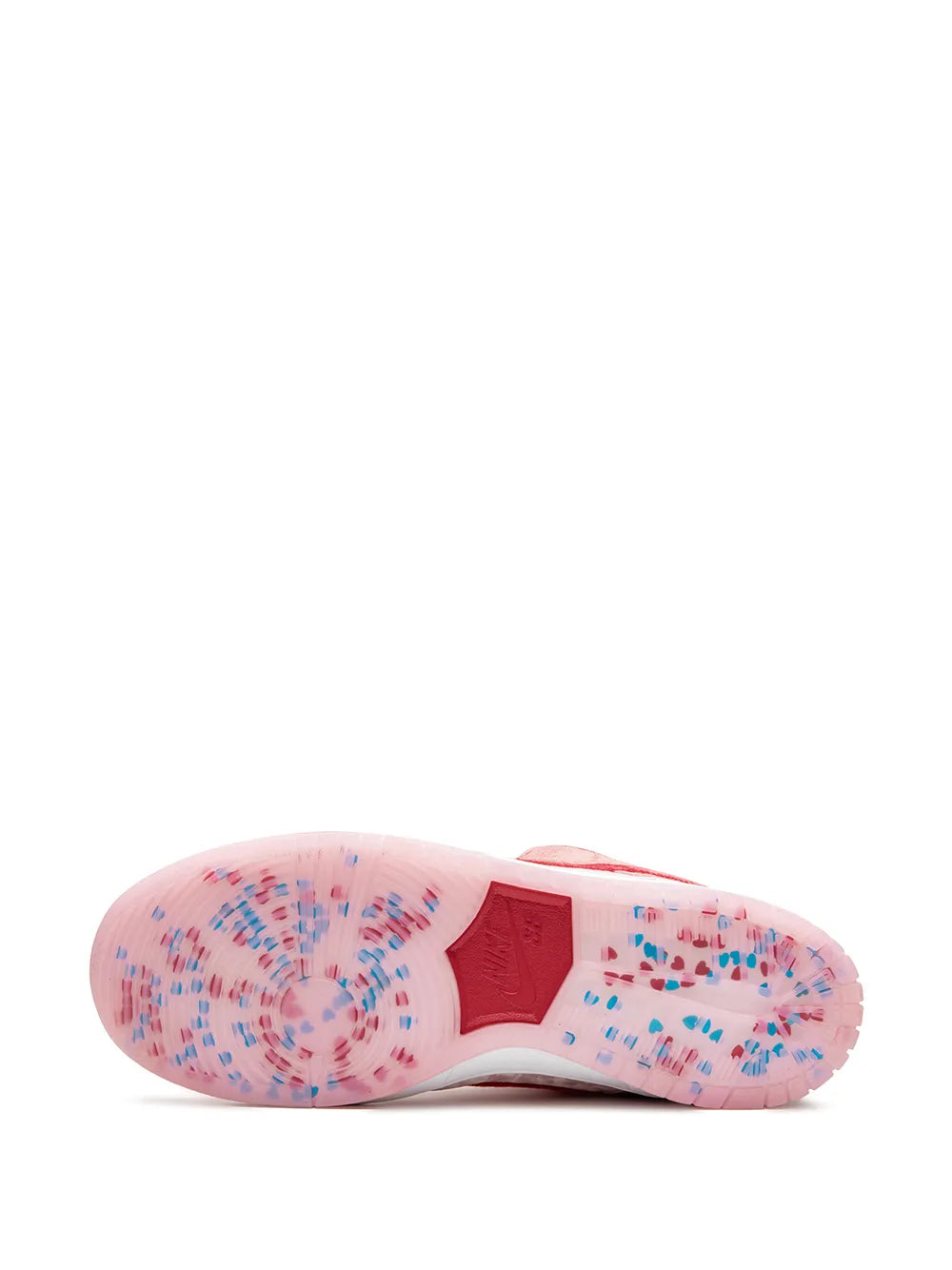 Low-top skate shoe outsole with speckled pink and blue rubber tread