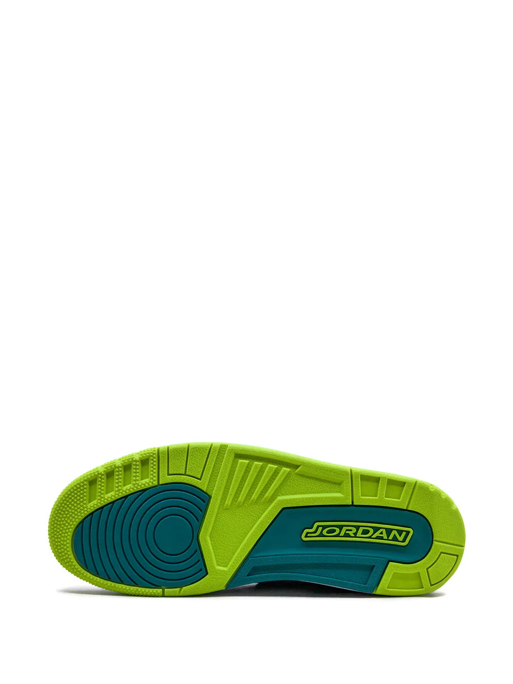 Lime green rubber outsole with blue tread and Jordan logo