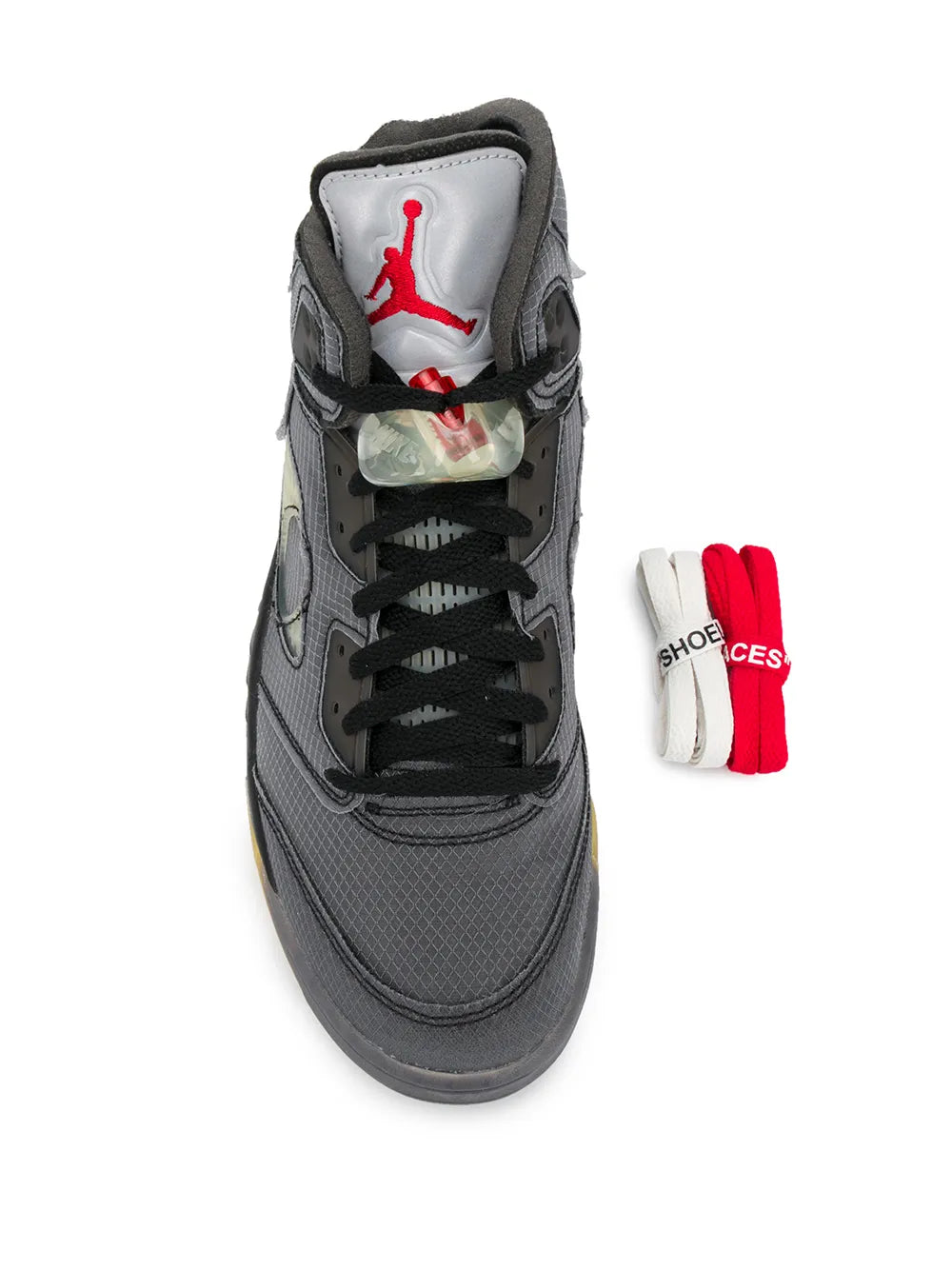 Gray high-top sneaker with black laces; red Jumpman logo visible in insole