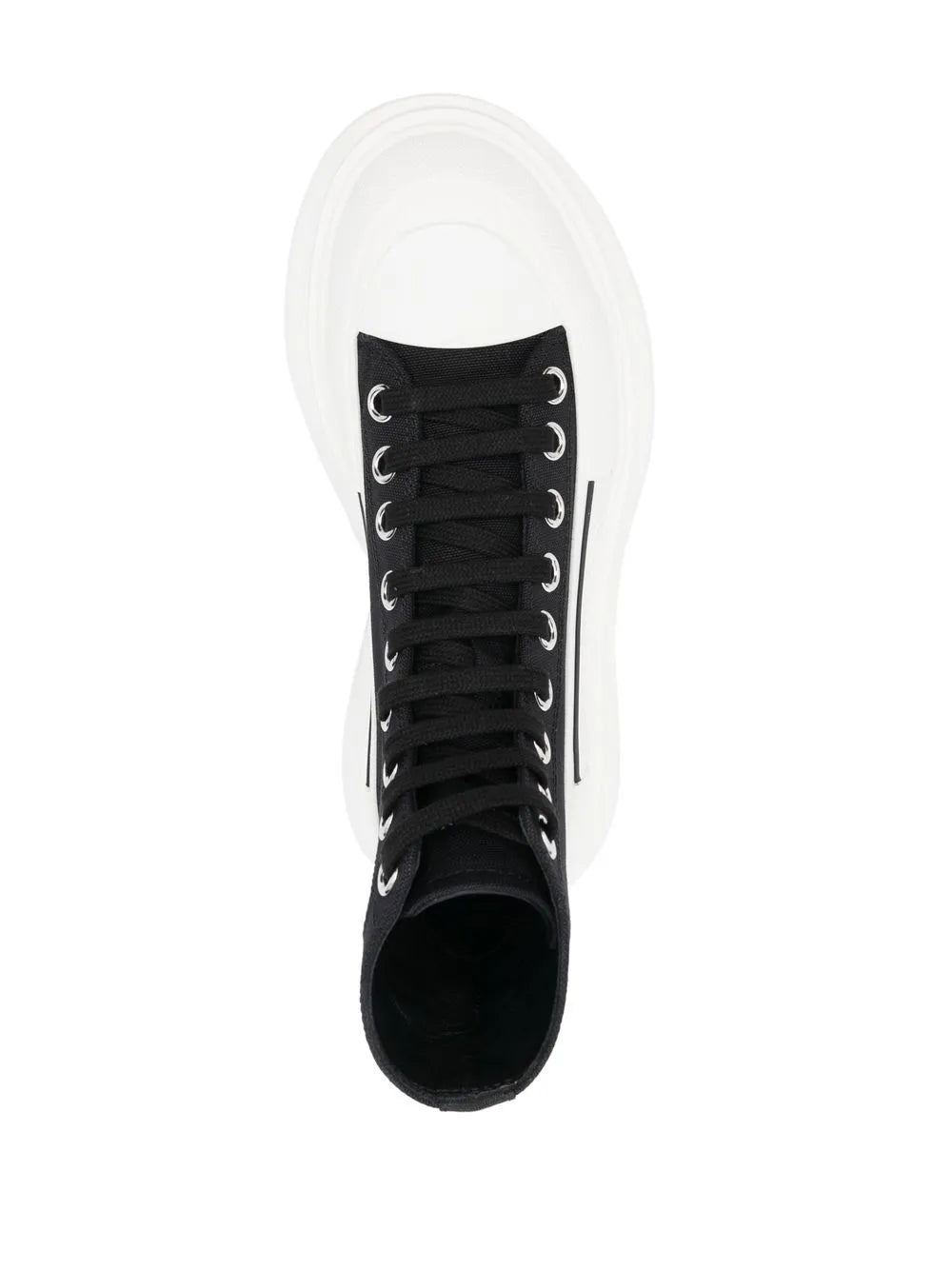 Black high-top sneaker open collar with black laces and white outsole