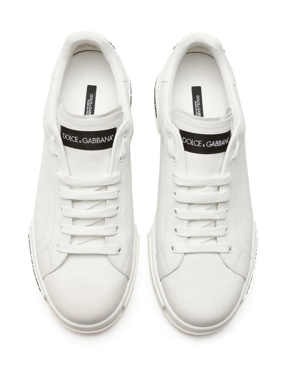 White Dolce&Gabbana sneakers, front view with lace-up and woven tongue logo patch
