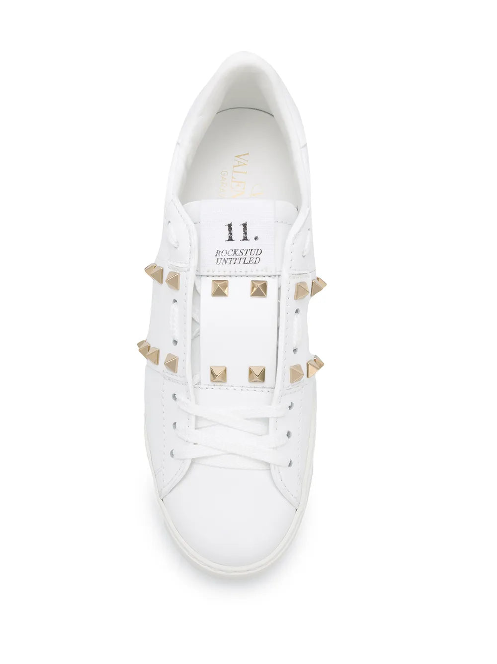 Valentino Garavani white leather sneaker tongue with gold Rockstud details