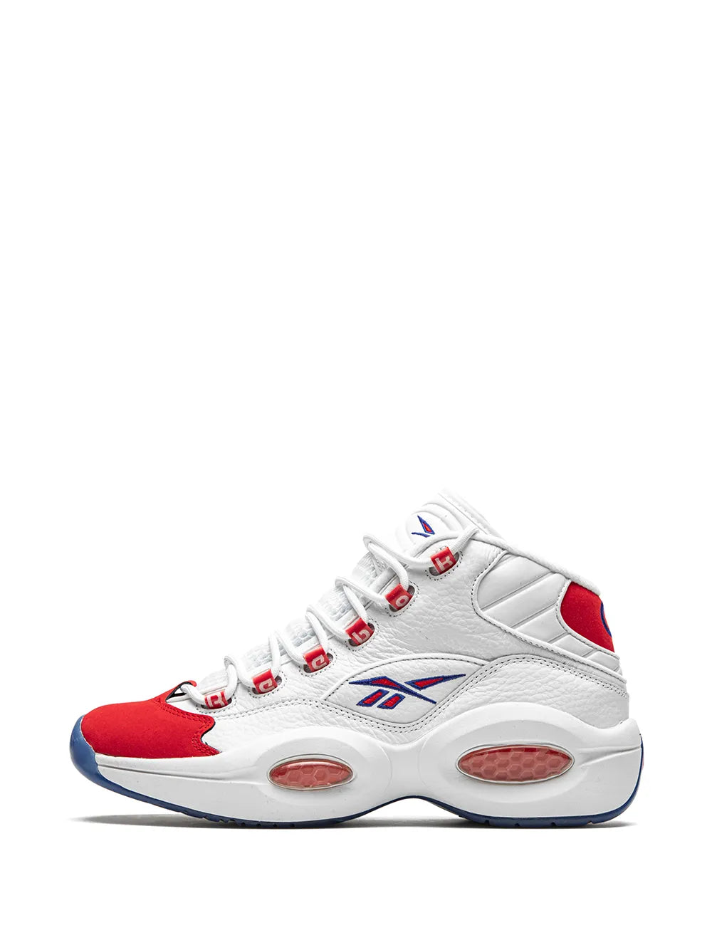 Reebok mid-top basketball sneaker, white with red toe and blue heel panel