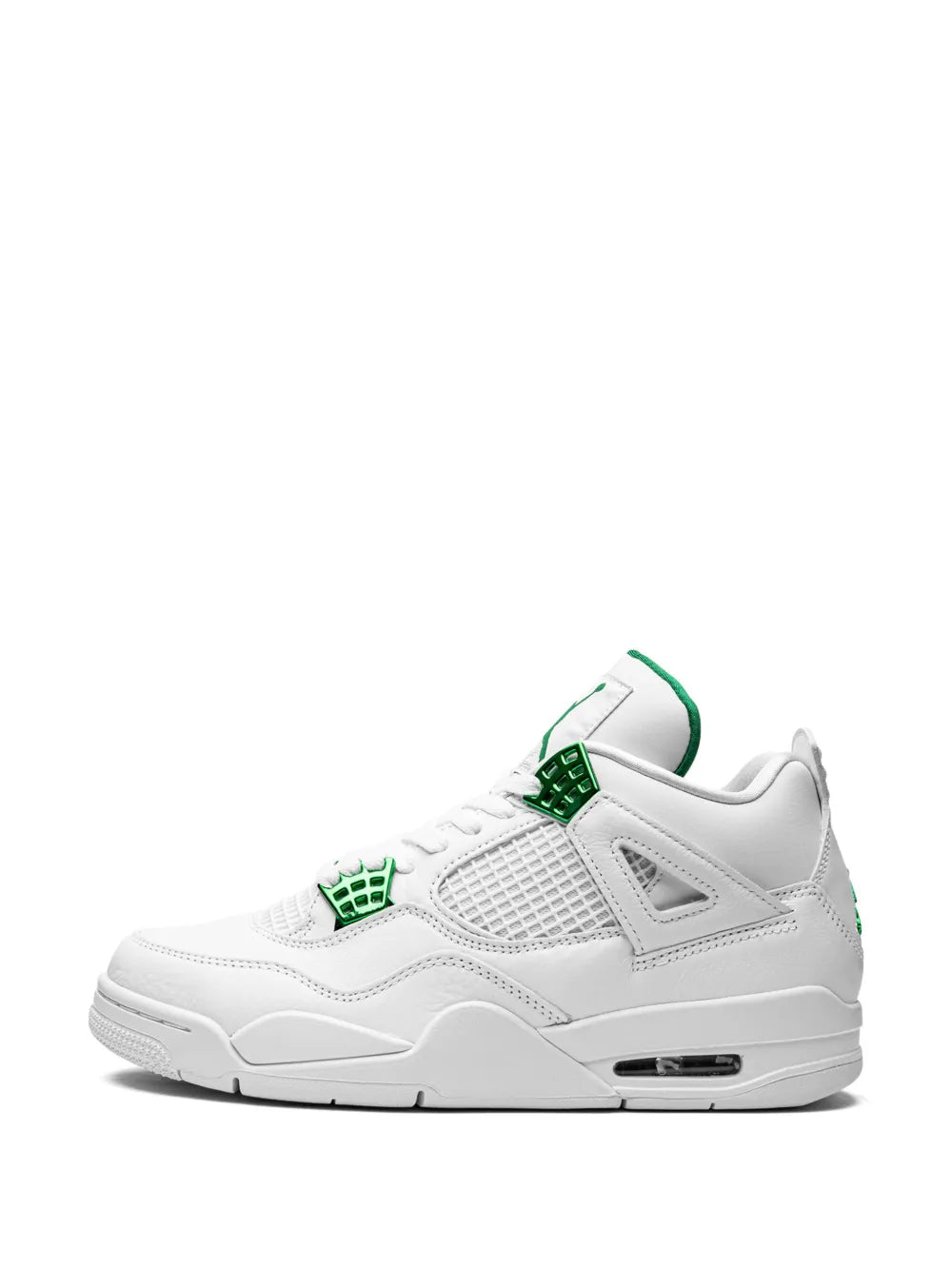 Air Jordan 4 Retro sneakers, front side view in white with dark green lace tabs