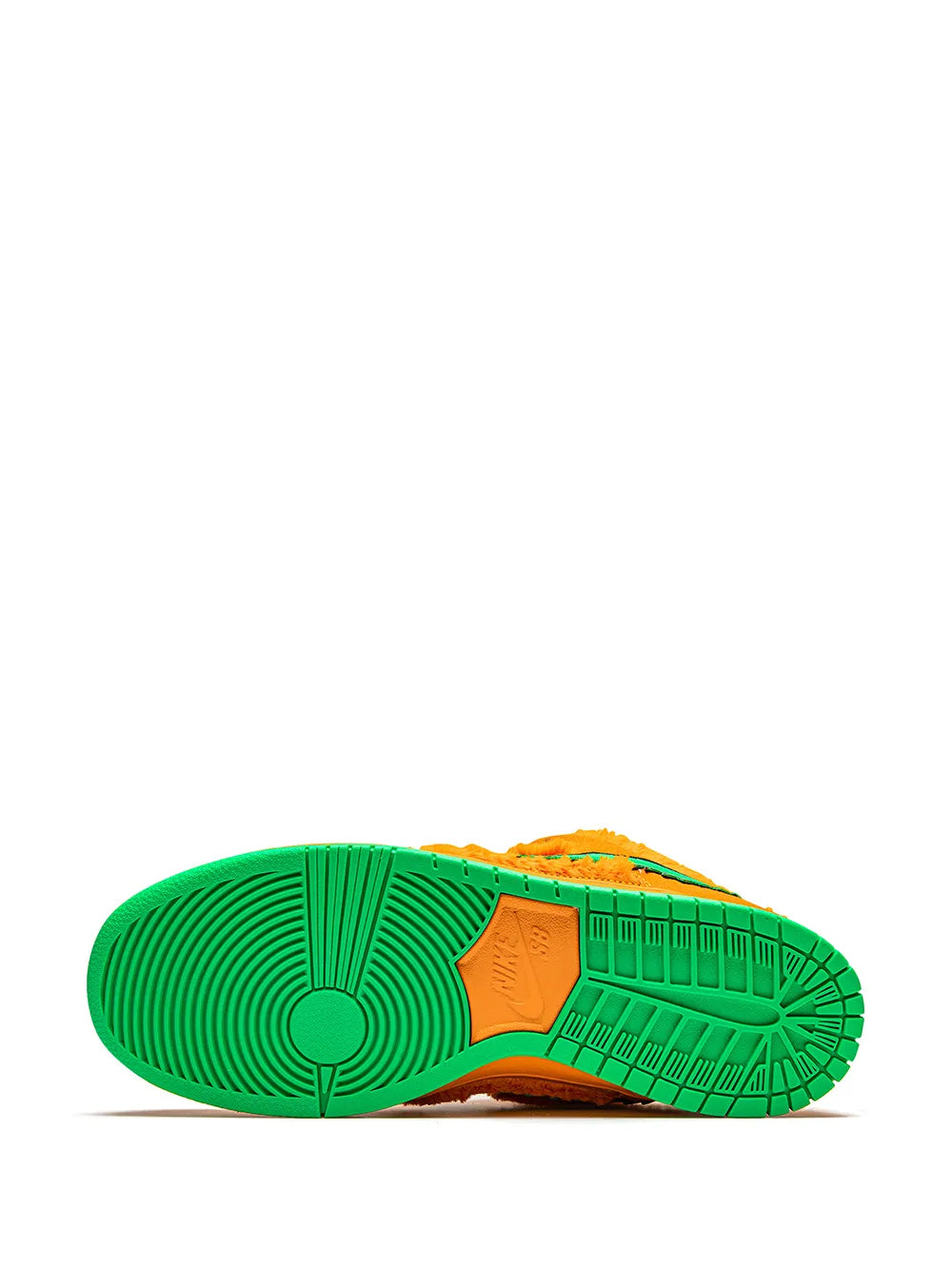 Nike SB Dunk Low sneakers, green tread outsole underside with orange upper edge