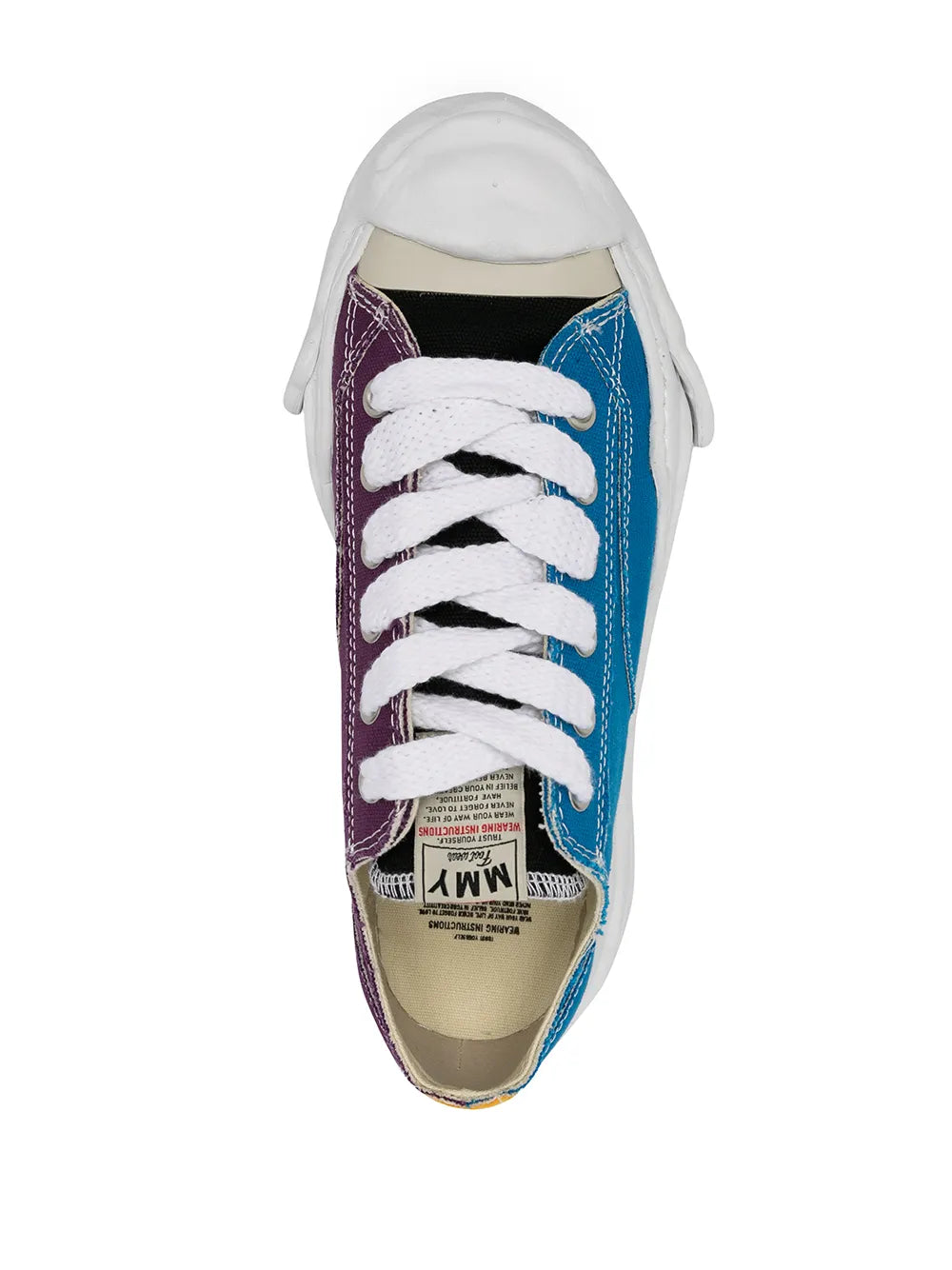 Maison Mihara Yasuhiro sneakers with purple heel, blue side, white laces and label