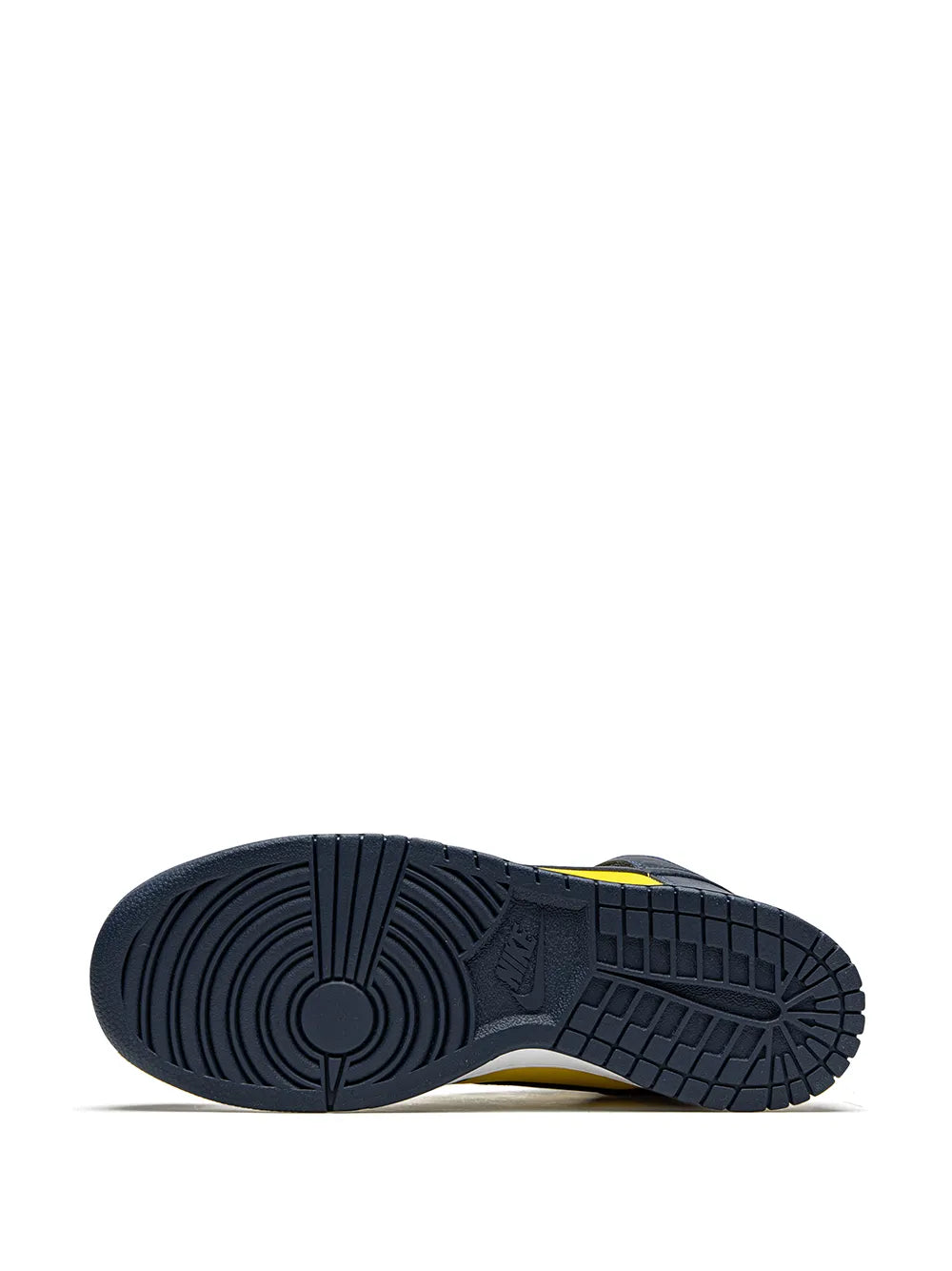 Nike Dunk high-top sneaker outsole with traction tread, dark navy sole and yellow accent.