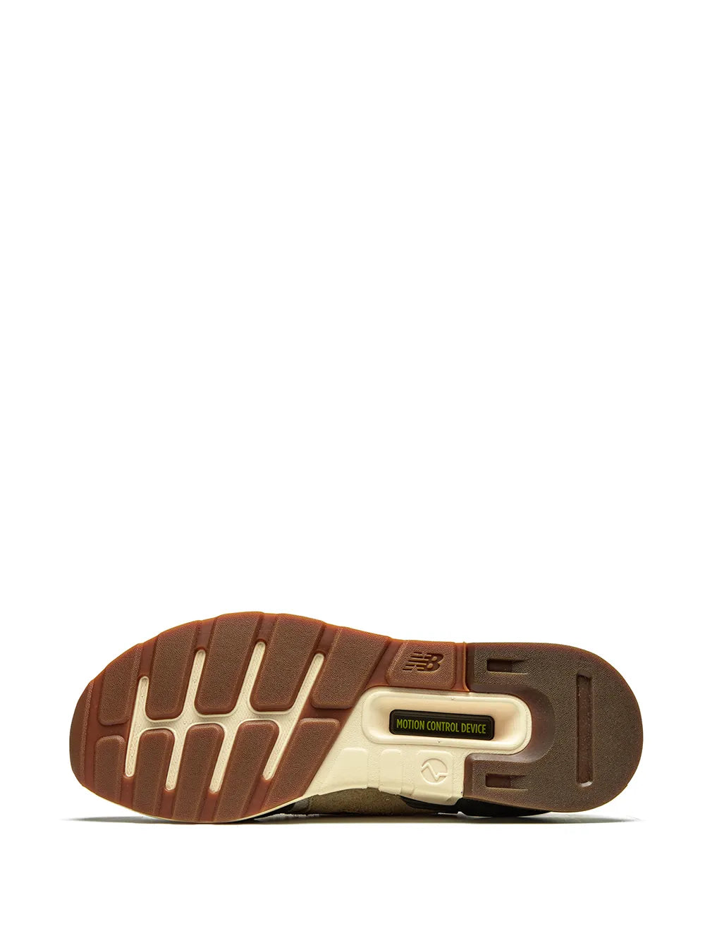 Men's sneaker outsole view with brown tread pattern and molded logo
