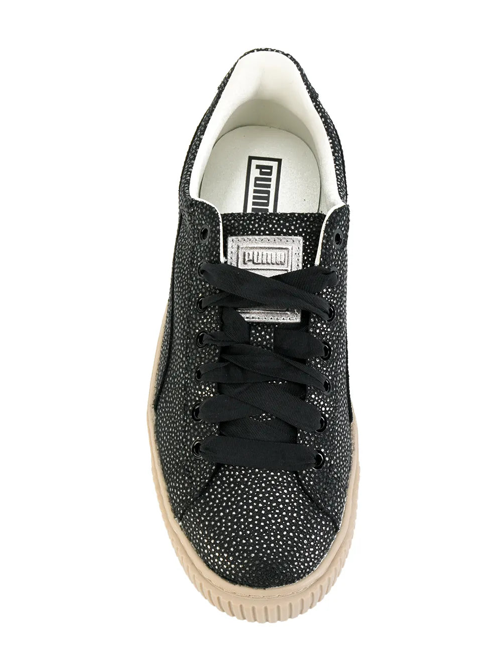 Black speckled PUMA lace-up sneaker with white-lined tongue label and beige sole