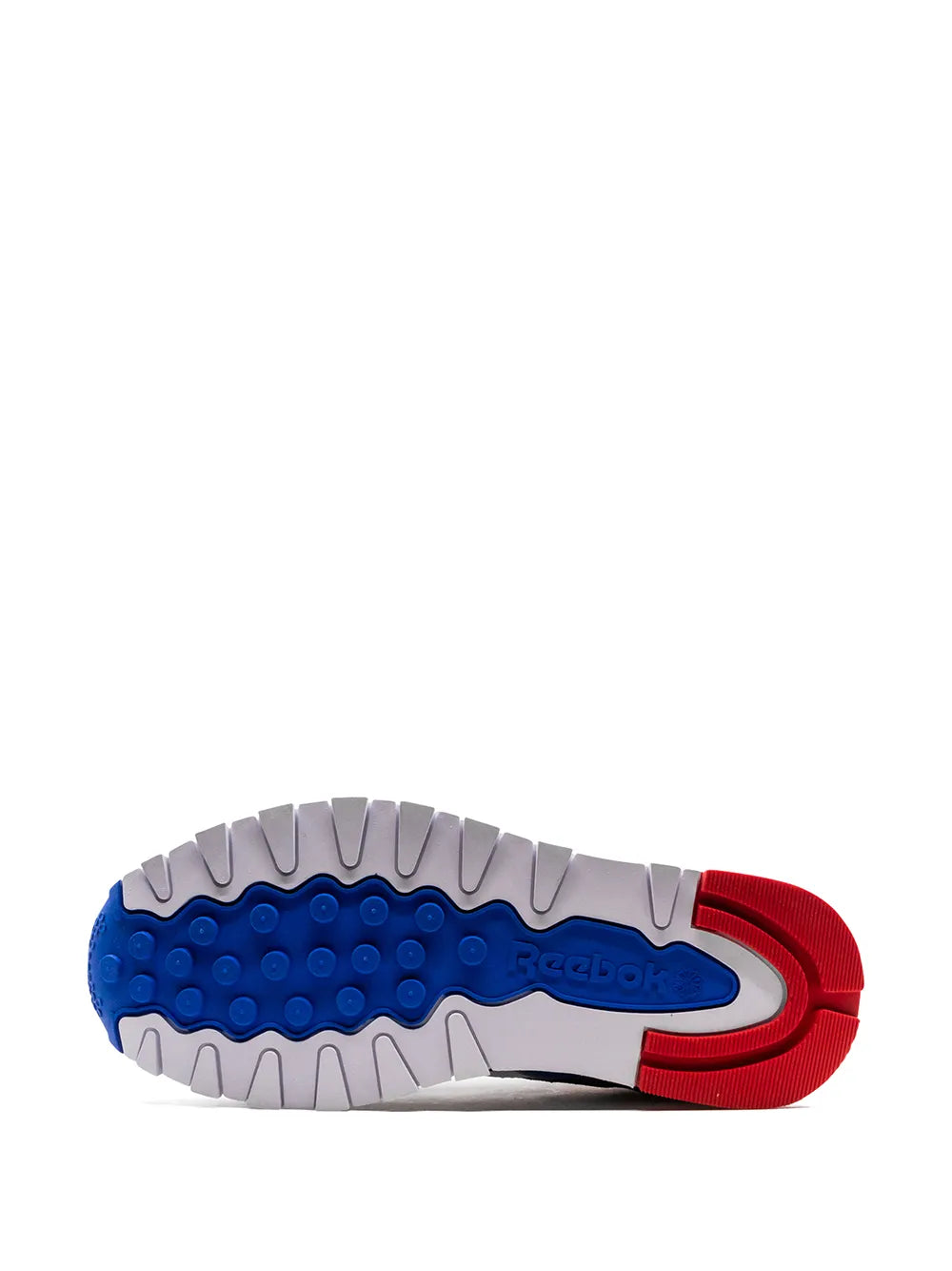 Reebok CL leather sneaker outsole with blue tread and red heel