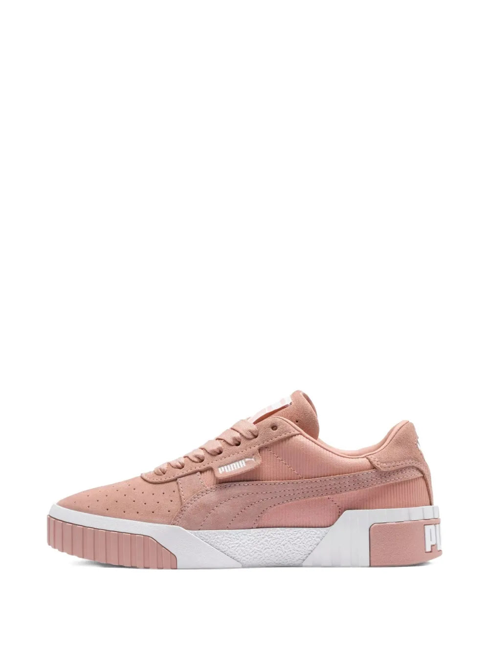 Pink lace-up sneakers with suede texture, side stripe, and white midsole