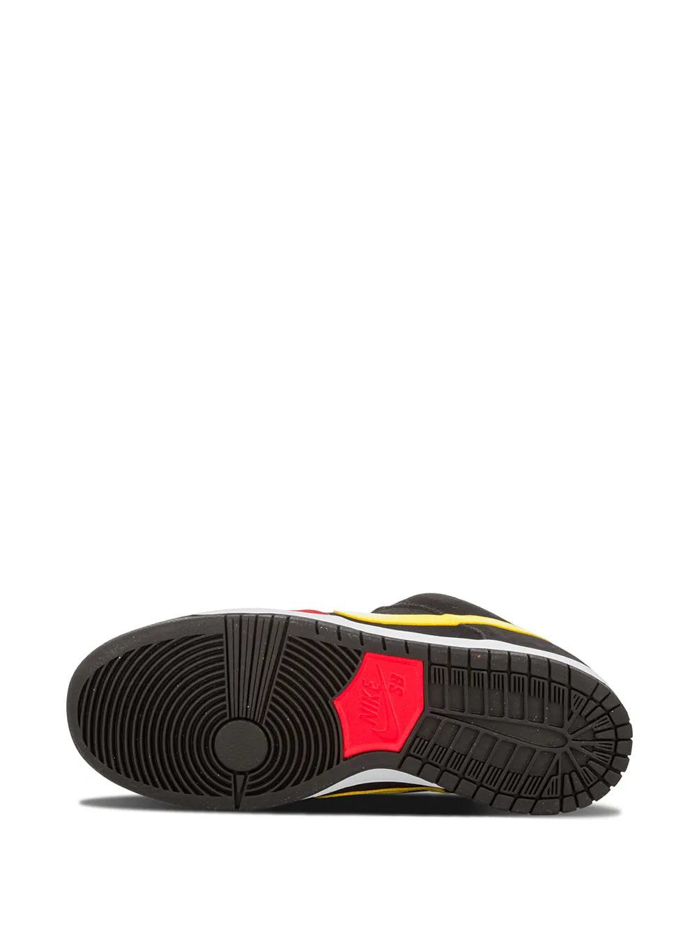 Nike SB Dunk Low Pro outsole, black rubber tread with red logo patch