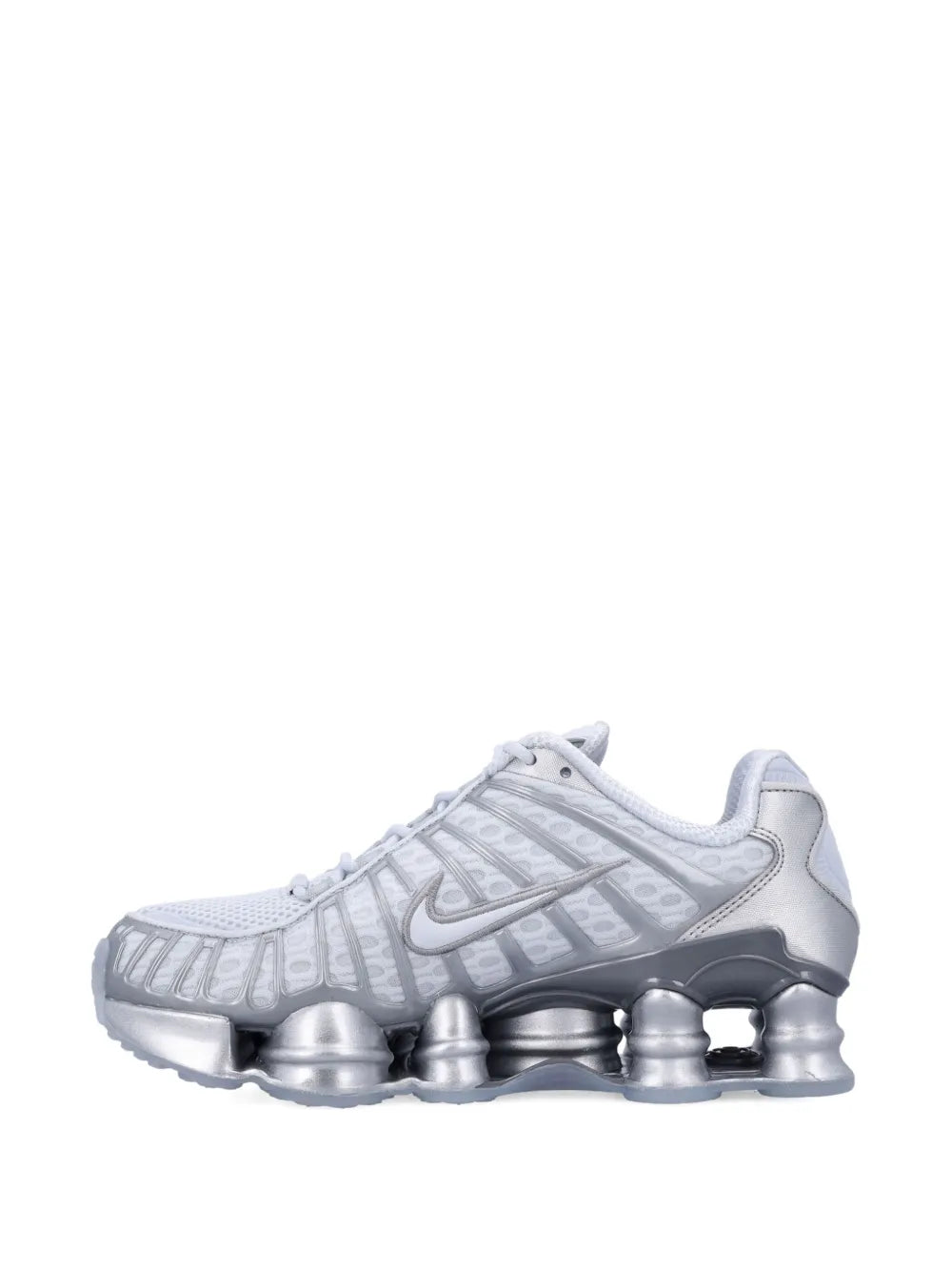 Light gray low-top sneakers with Nike swoosh and silver pod outsole