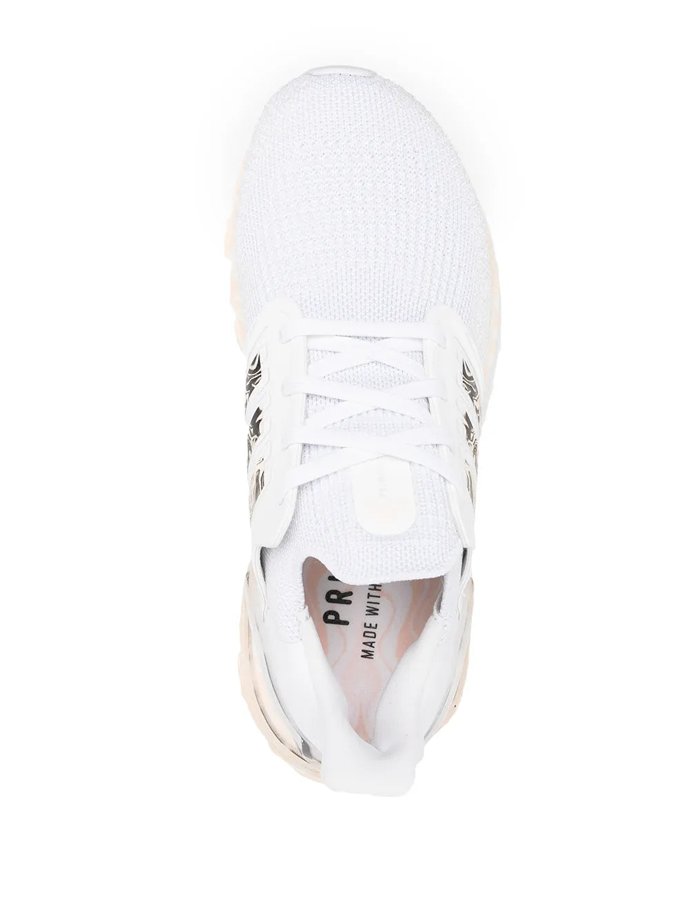 adidas Ultraboost 20 low-top sneaker, top view, white laces and mesh tongue