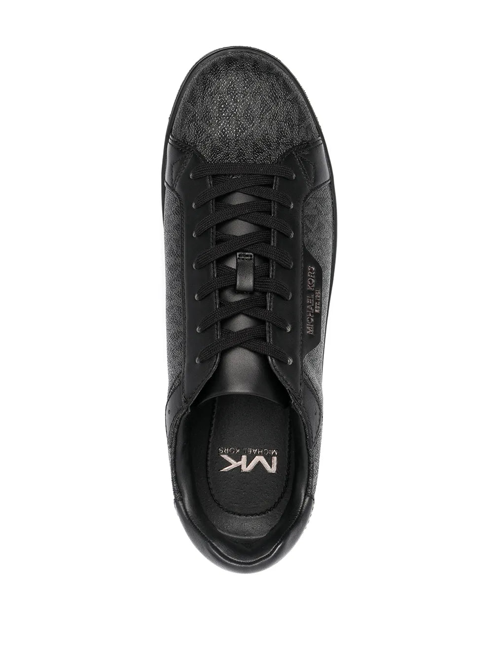 Monogram print sneaker front with black laces, padded collar, and MK logo on tongue