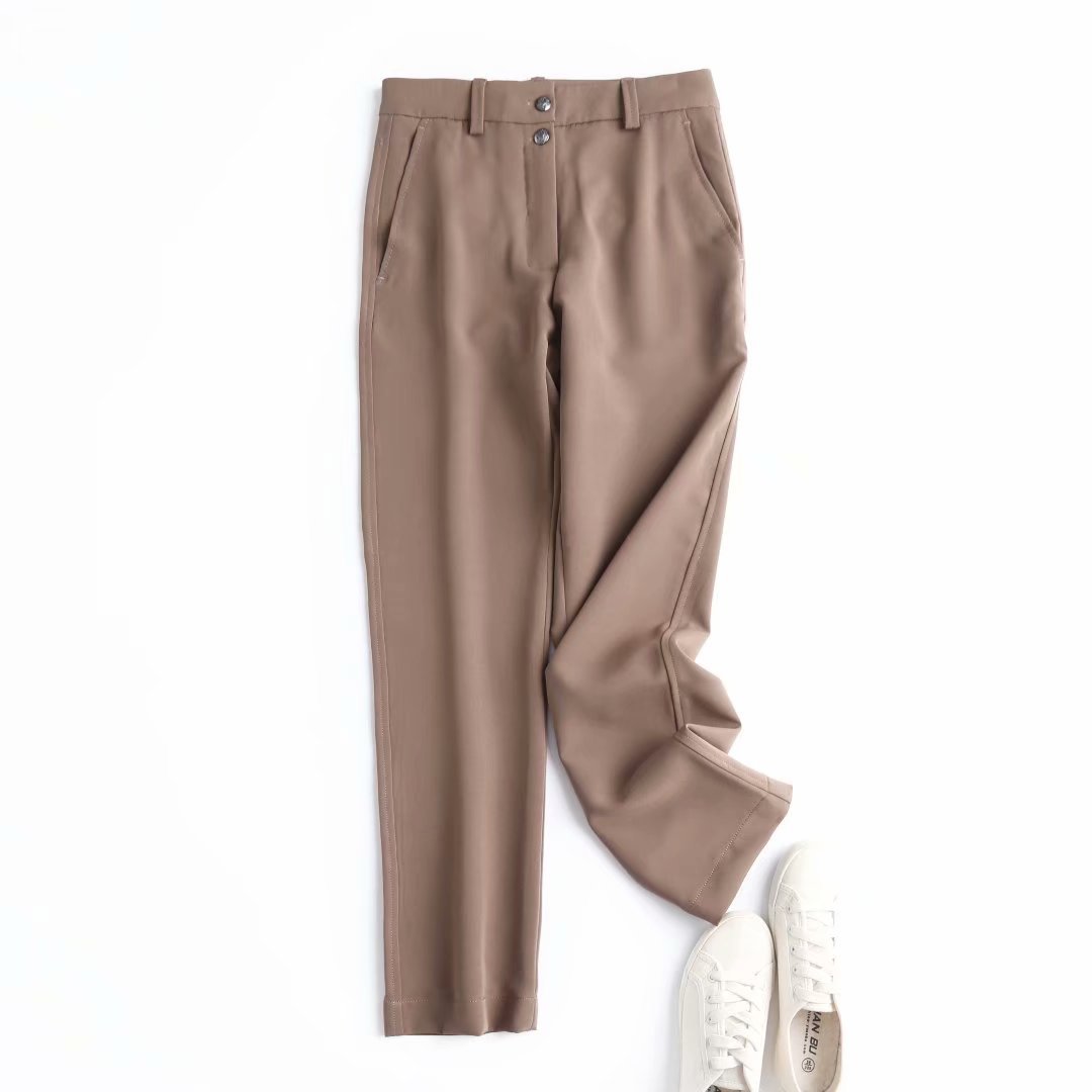 Khaki straight casual trousers with two-button front, belt loops, and side pockets