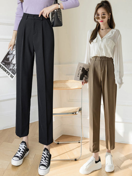 Casual pipe pants in black and brown with pleated front, straight legs, belt loops