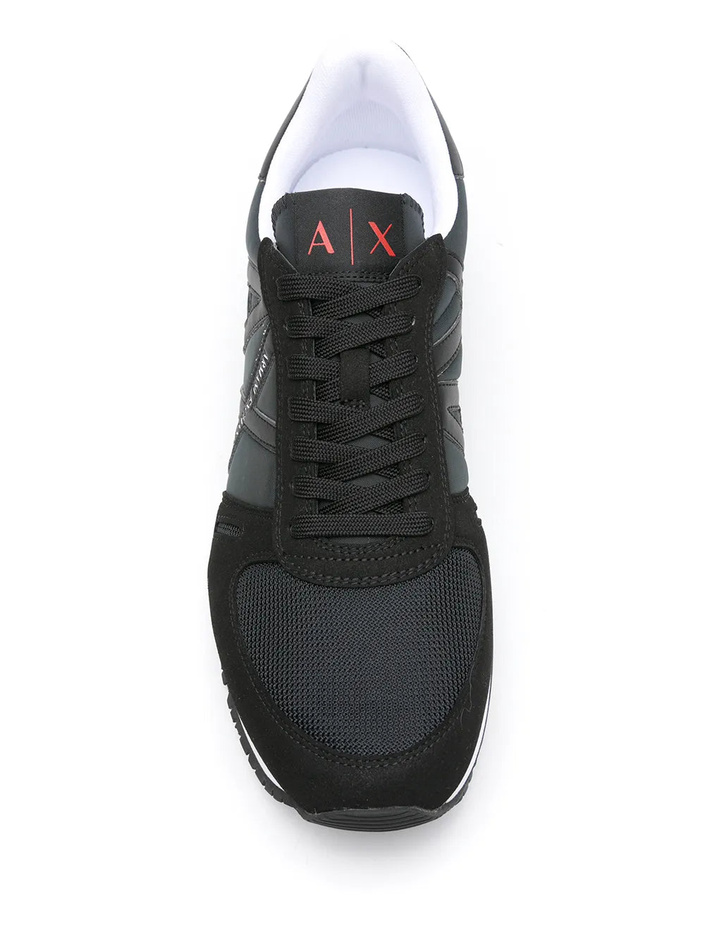 Black low-top sneakers with red AX logo on tongue