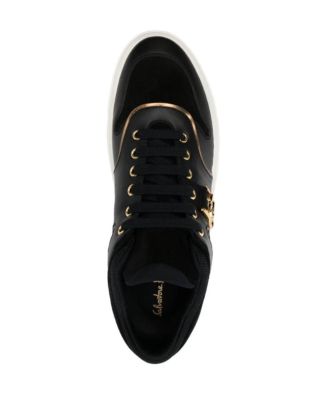 Ferragamo Borg logo low-top sneakers, black interior and laces, gold side emblem, white sole