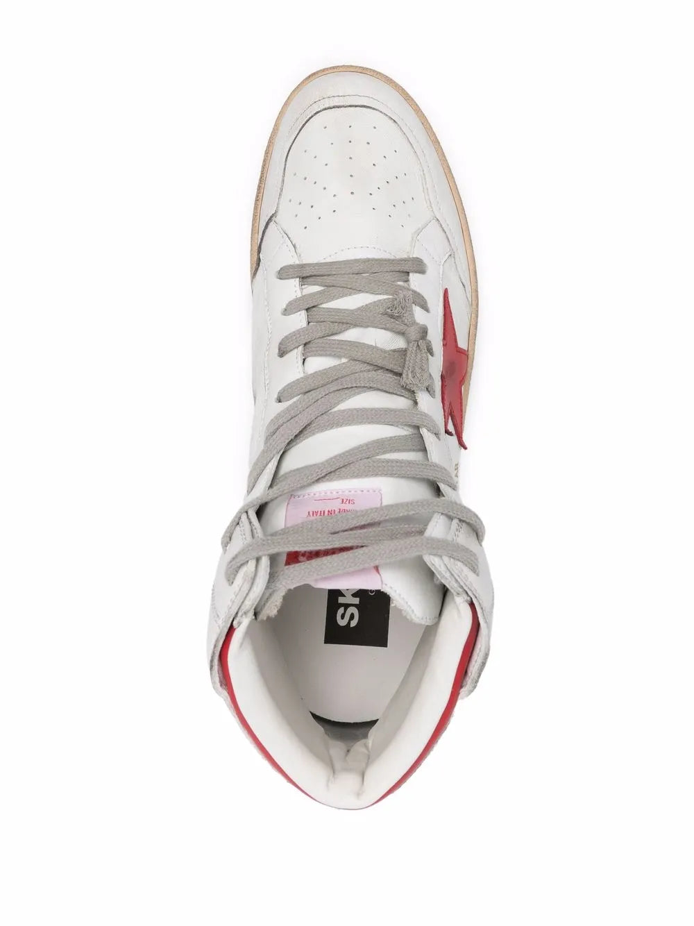 Sky-Star high-top sneaker showing gray laces and white padded collar