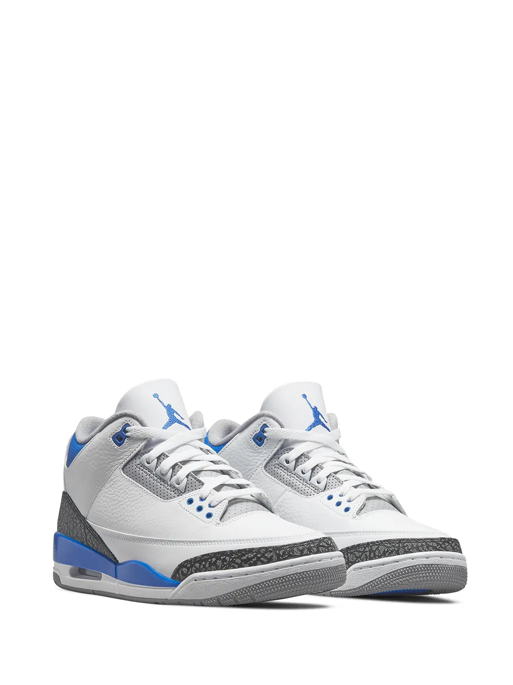 Pair of white Air Jordan 3 Retro sneakers with blue accents and lace-up fronts