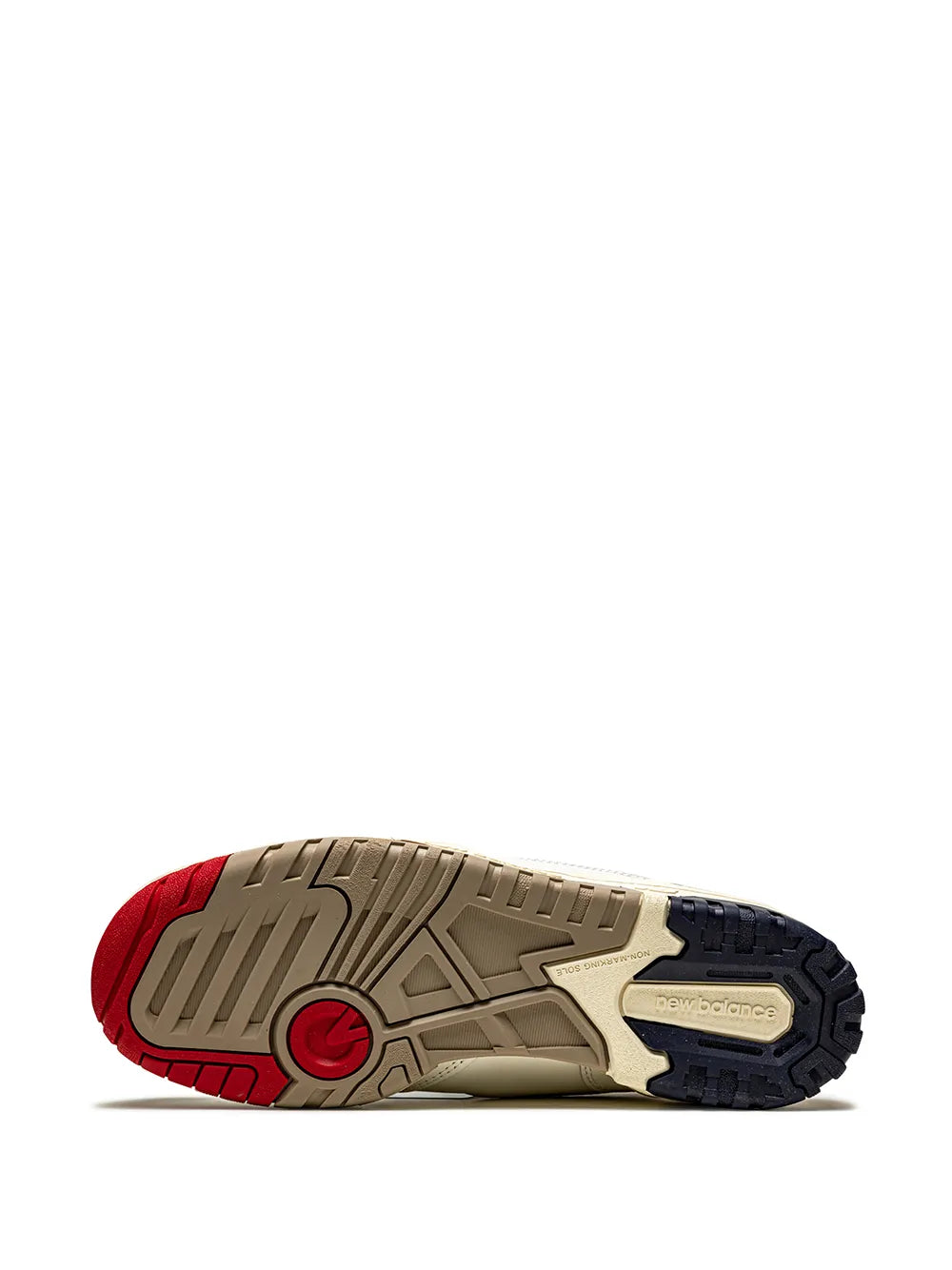 Sneaker outsole with red toe edge, beige tread, and dark navy heel traction