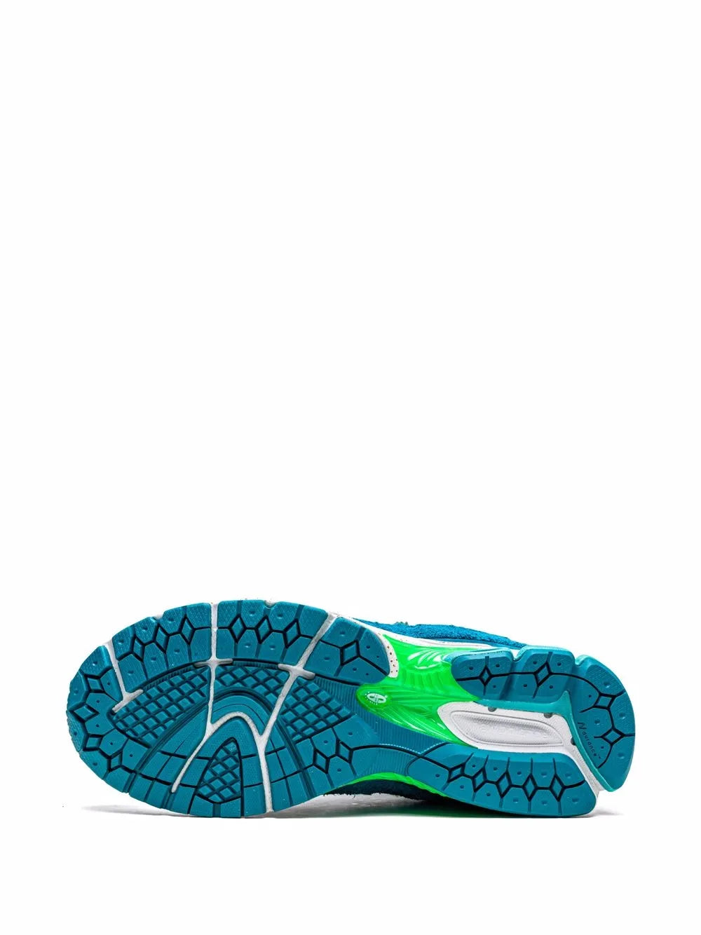 Turquoise sneaker outsole with blue tread and green sidewall
