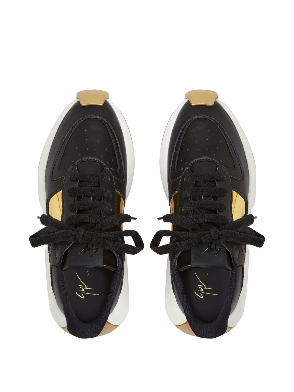 Giuseppe Zanotti Ferox black sneakers with black laces, gold trim, and white soles