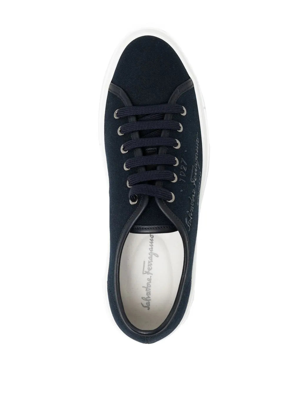 Navy lace-up sneakers with logo-printed insole and white rubber sole