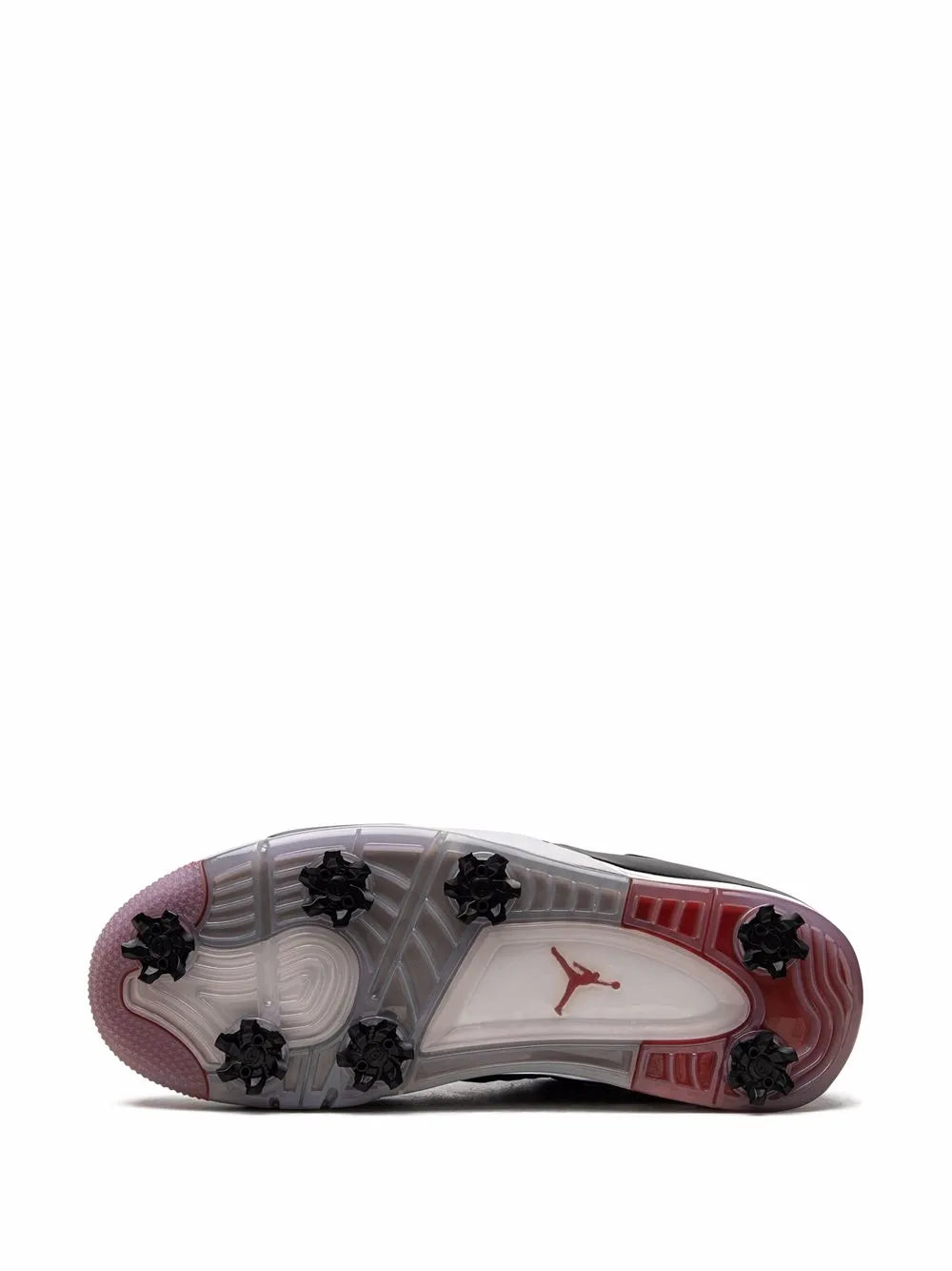 Black traction golf outsole with studs and red Jumpman logo on translucent base