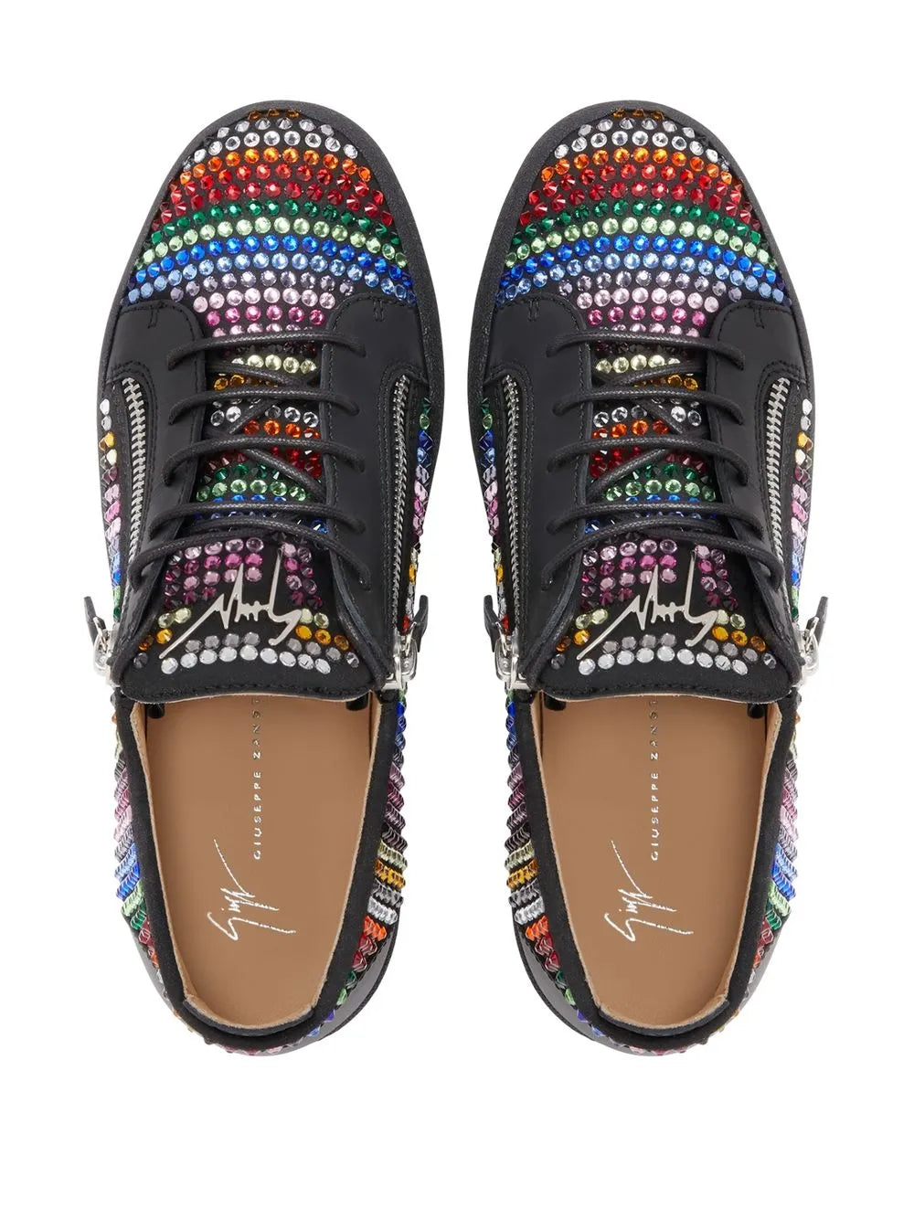 Black low-top sneakers with rhinestone toe caps and multicolor laces, double zips