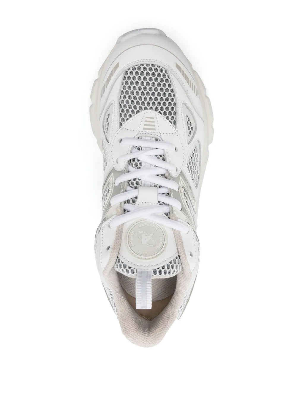 White lace-up runner sneaker with open tongue and mesh upper, front view