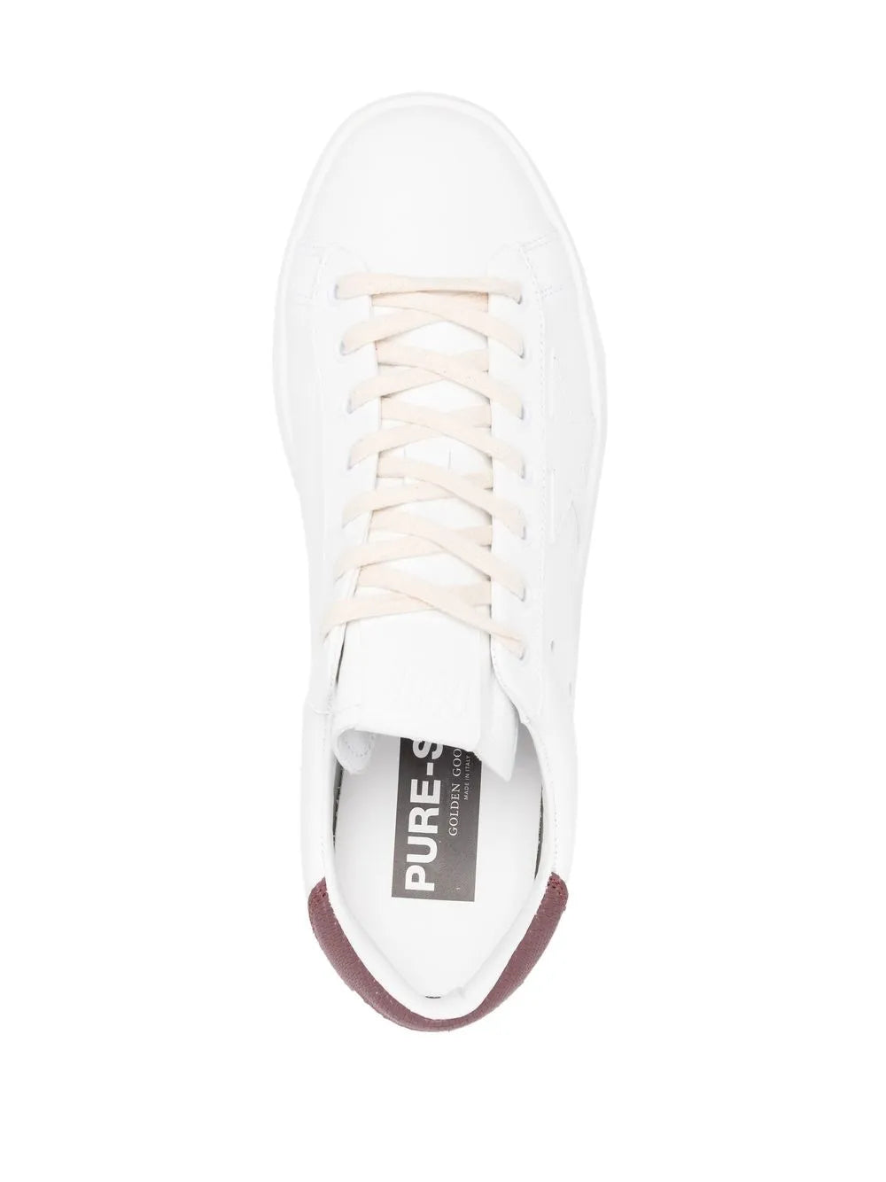 White low-top sneaker with PURE tongue label and cream lace-up