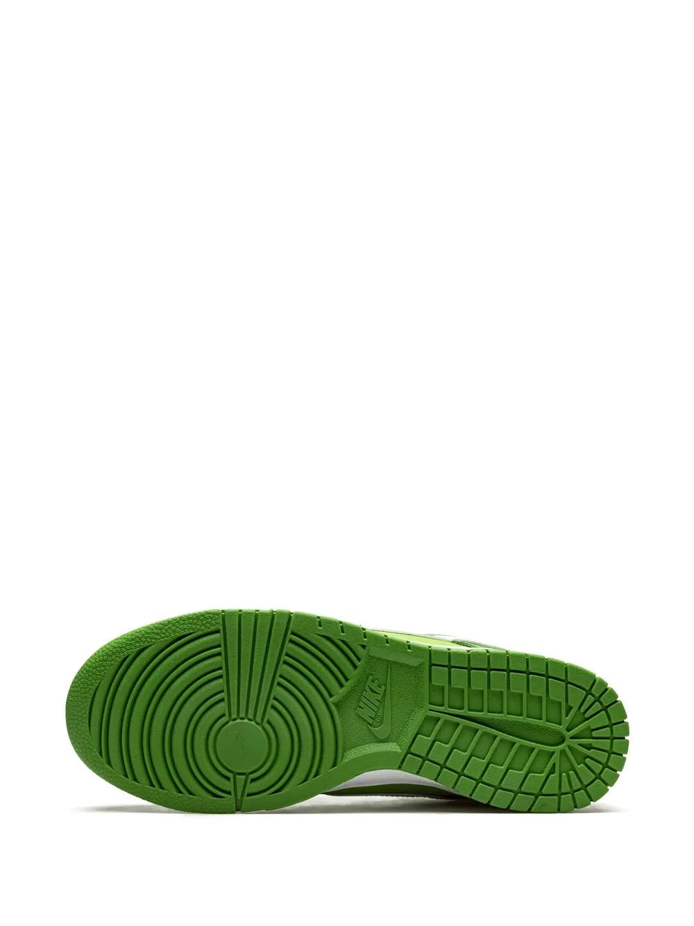 Green rubber outsole with tread and Nike logo on bottom of low-top sneakers