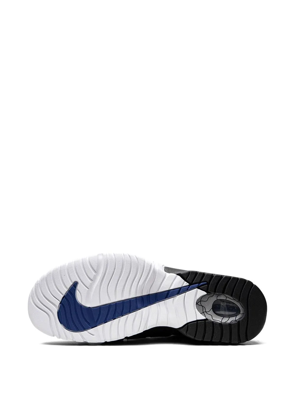 Nike Air Max Penny 1 outsole view: blue swoosh on white sole with black tread