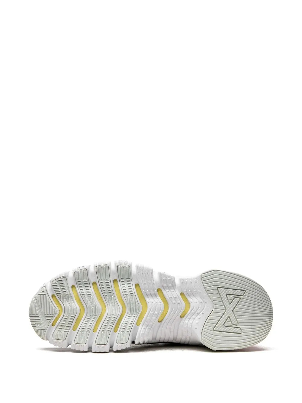 Training shoe outsole with white tread and X-pattern traction