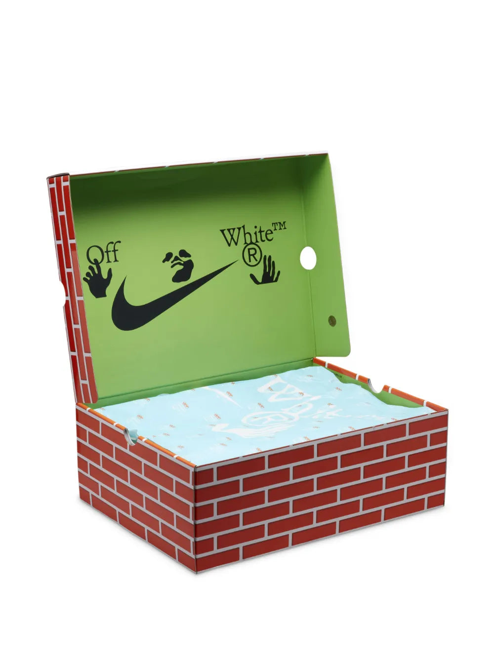 Nike Off-White shoebox set: green lid with logos on brick-pattern base.