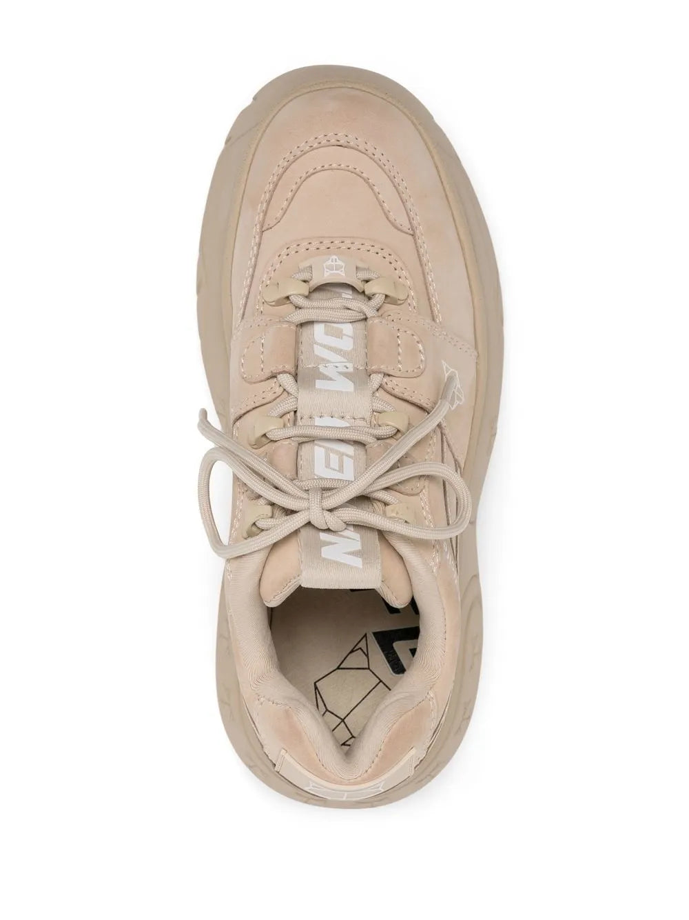 Beige low-top sneaker interior view with lace-up and branded tongue label