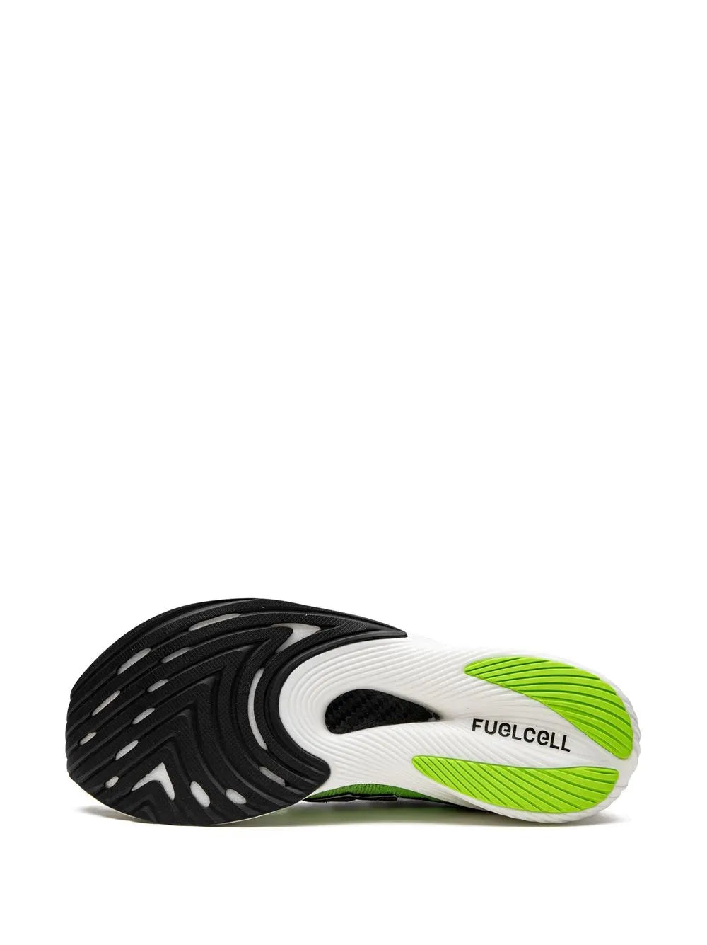 New Balance outsole with black tread, neon green edge, FuelCell logo