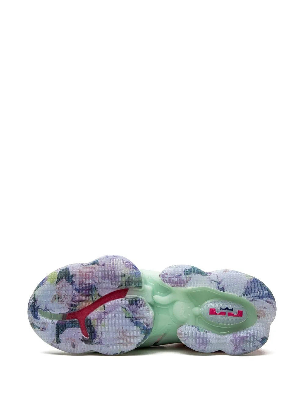 Nike Lebron 19 sneaker outsole and heel, mint green with purple, pink and white tread