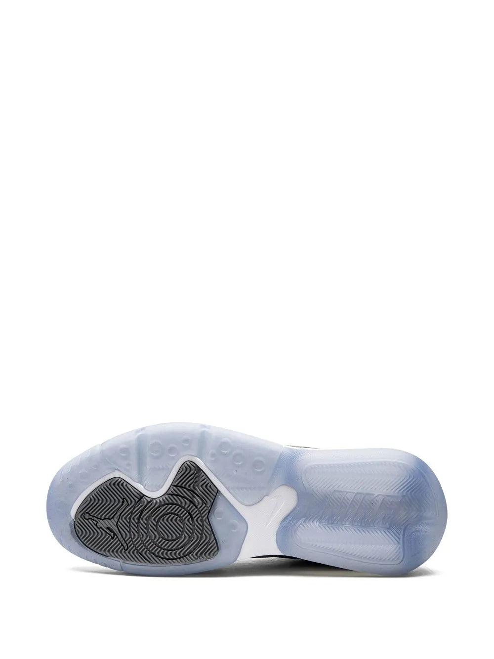 Translucent blue-tinted outsole with gray tread pattern and air bubble window