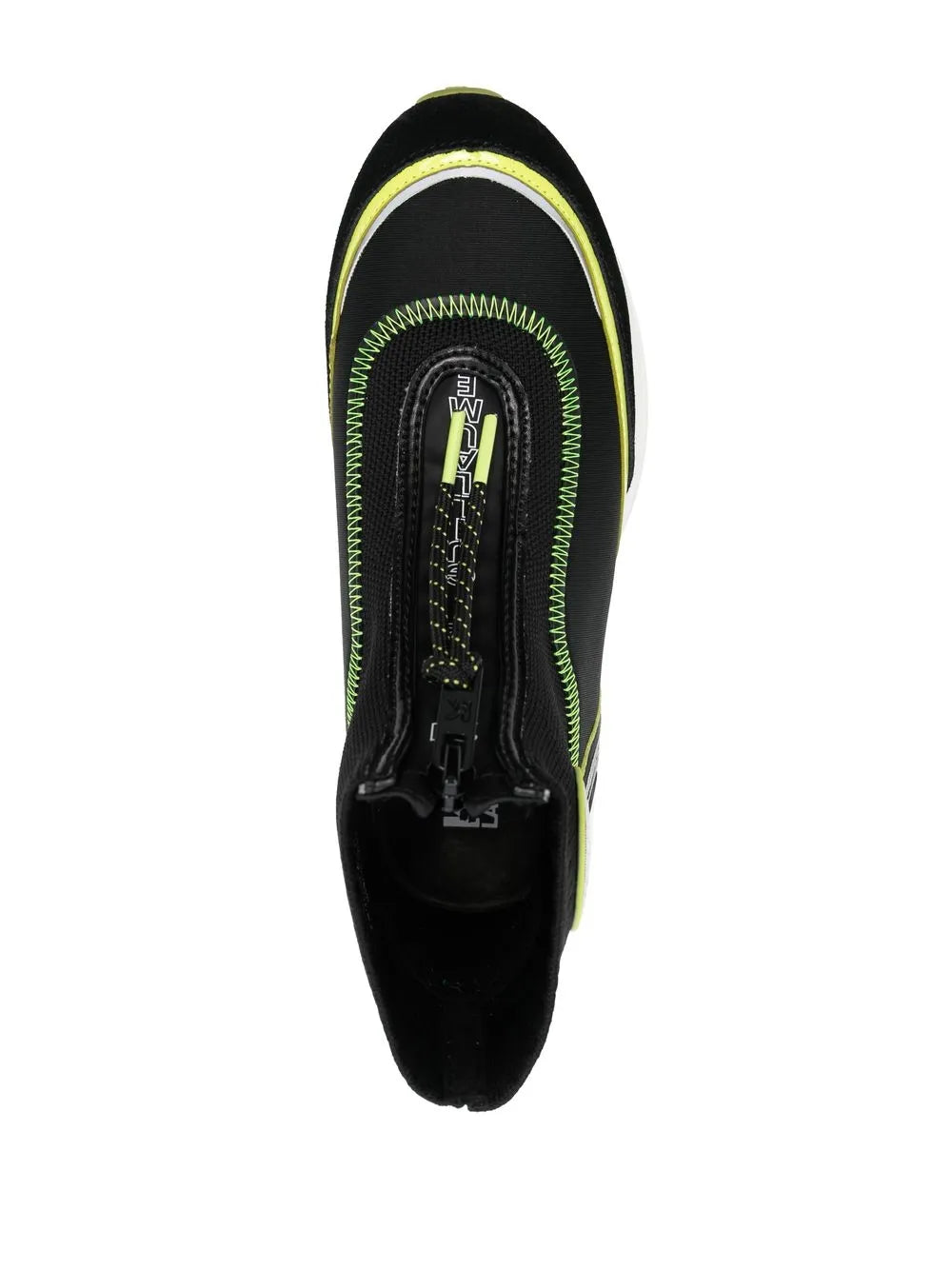 Black high-top sneakers rear view with neon trim and circular logo badge