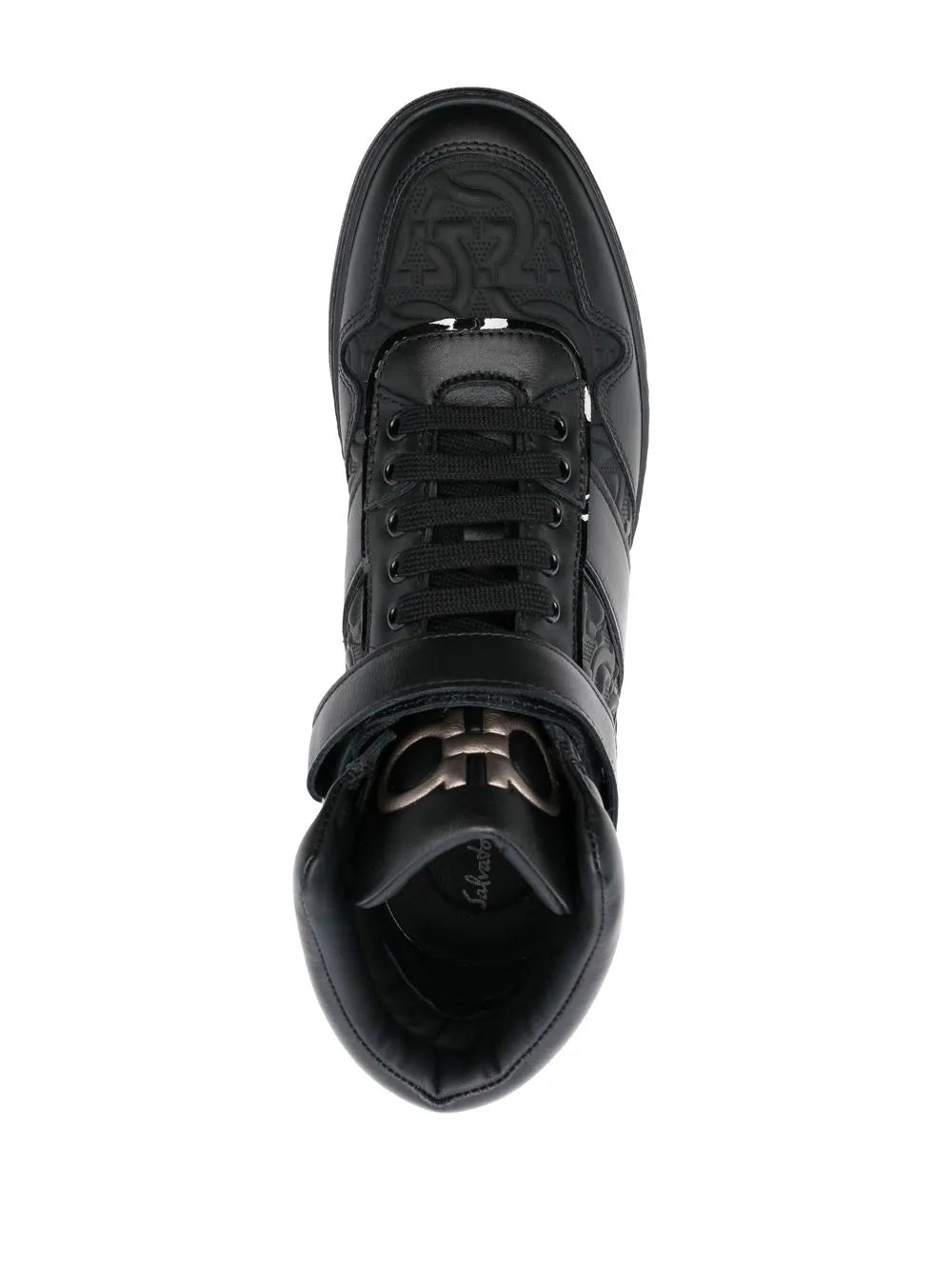 Ferragamo black hi-top sneakers, front view with lace-up and cushioned tongue